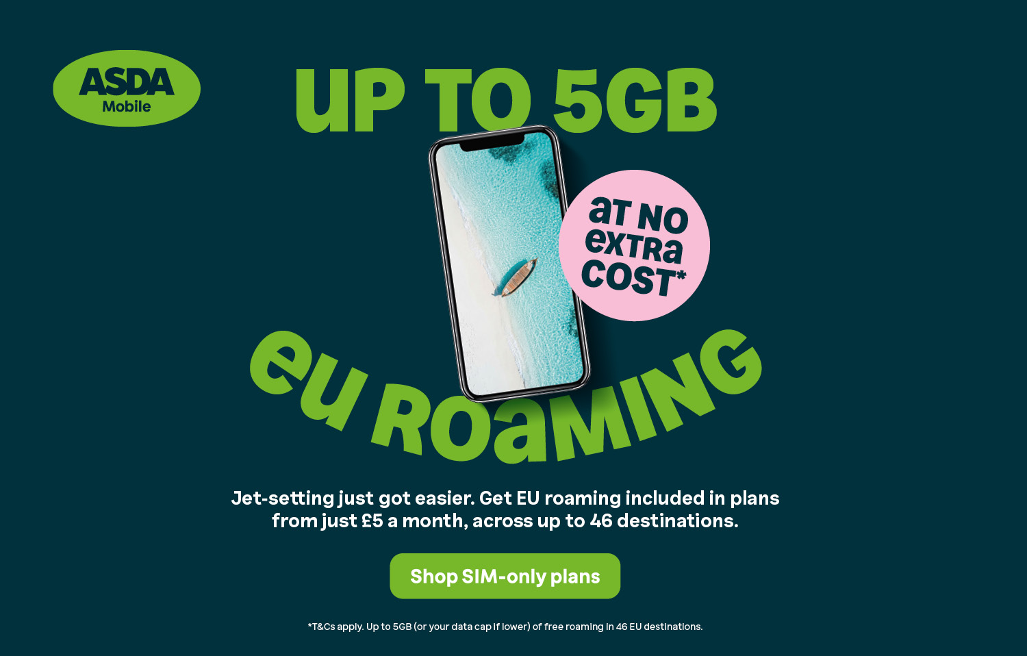 Up to 5GB EU roaming in 46 destinations with Asda Mobile
